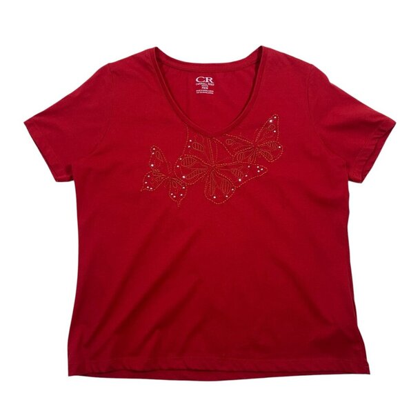red v neck short sleeve t-shirt butterflies sz med  CAROLL REED - Picture 11 of 16